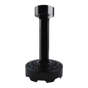Czarna stopa blendera ręcznego z okrągłą, perforowaną głowicą i uchwytem.