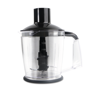 Przezroczysty dodatek blendera z czarną pokrywką i uchwytem.