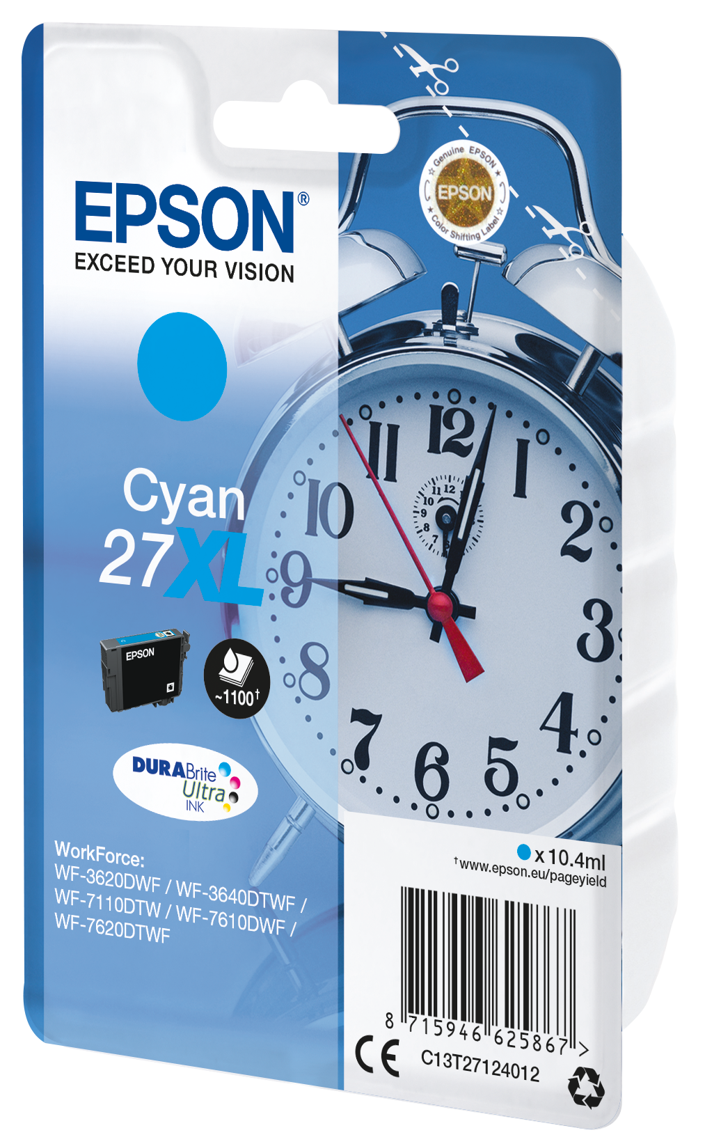 Tusz Epson Cyan 27XL z grafiką budzika i szczegółami produktu.