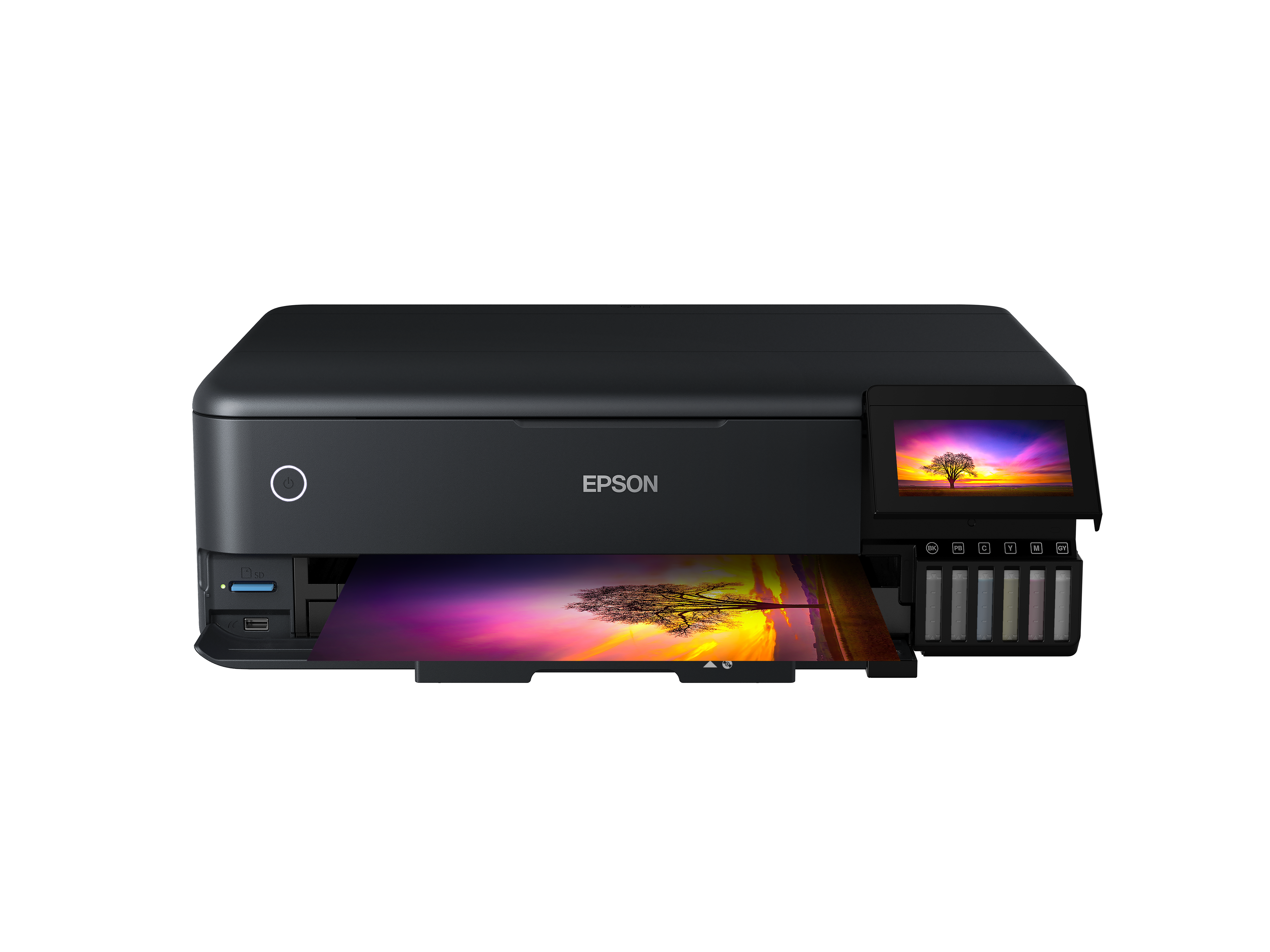 Czarna drukarka Epson drukuje obraz drzewa o zachodzie słońca.