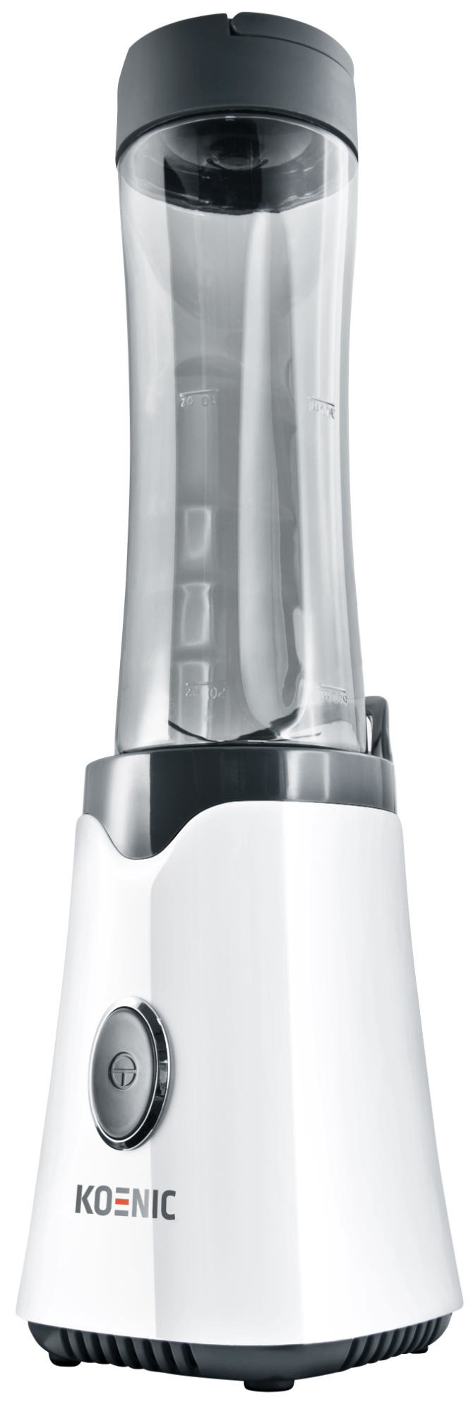 Biały blender z przezroczystym pojemnikiem i szarą pokrywką.