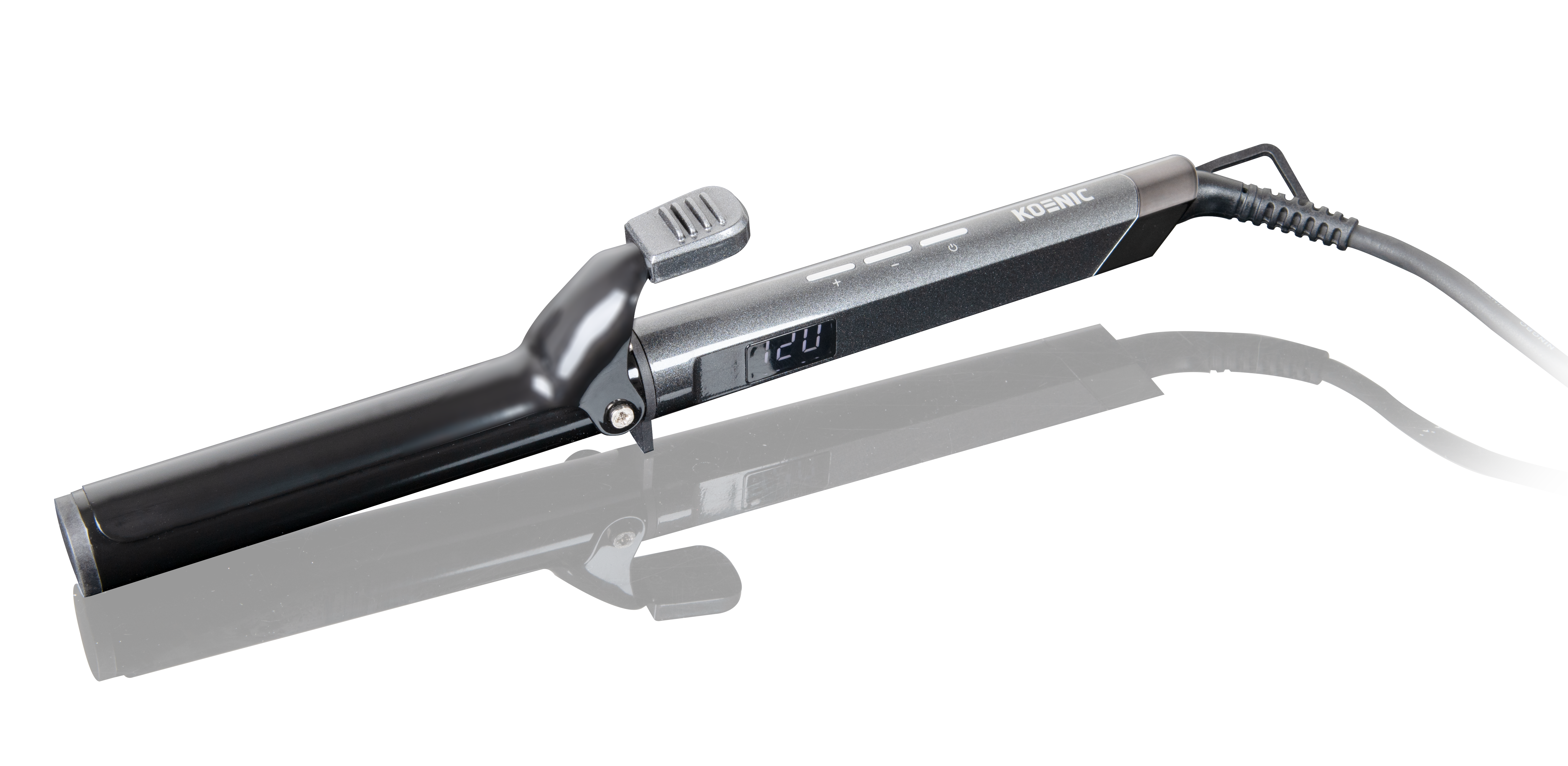 Szara lokówka z cyfrowym wyświetlaczem leży na czarnym tle.