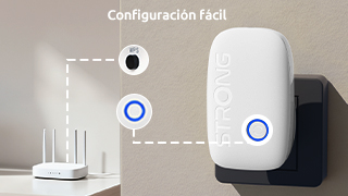 Un amplificador Wi-Fi blanco enchufado a una toma de corriente junto a un router.