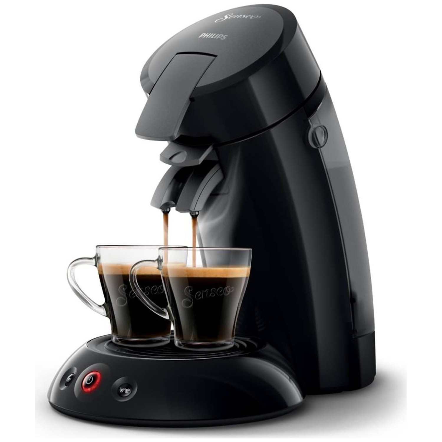 Zwarte koffiezetapparaat zet koffie in twee glazen bekers op een ronde voet.