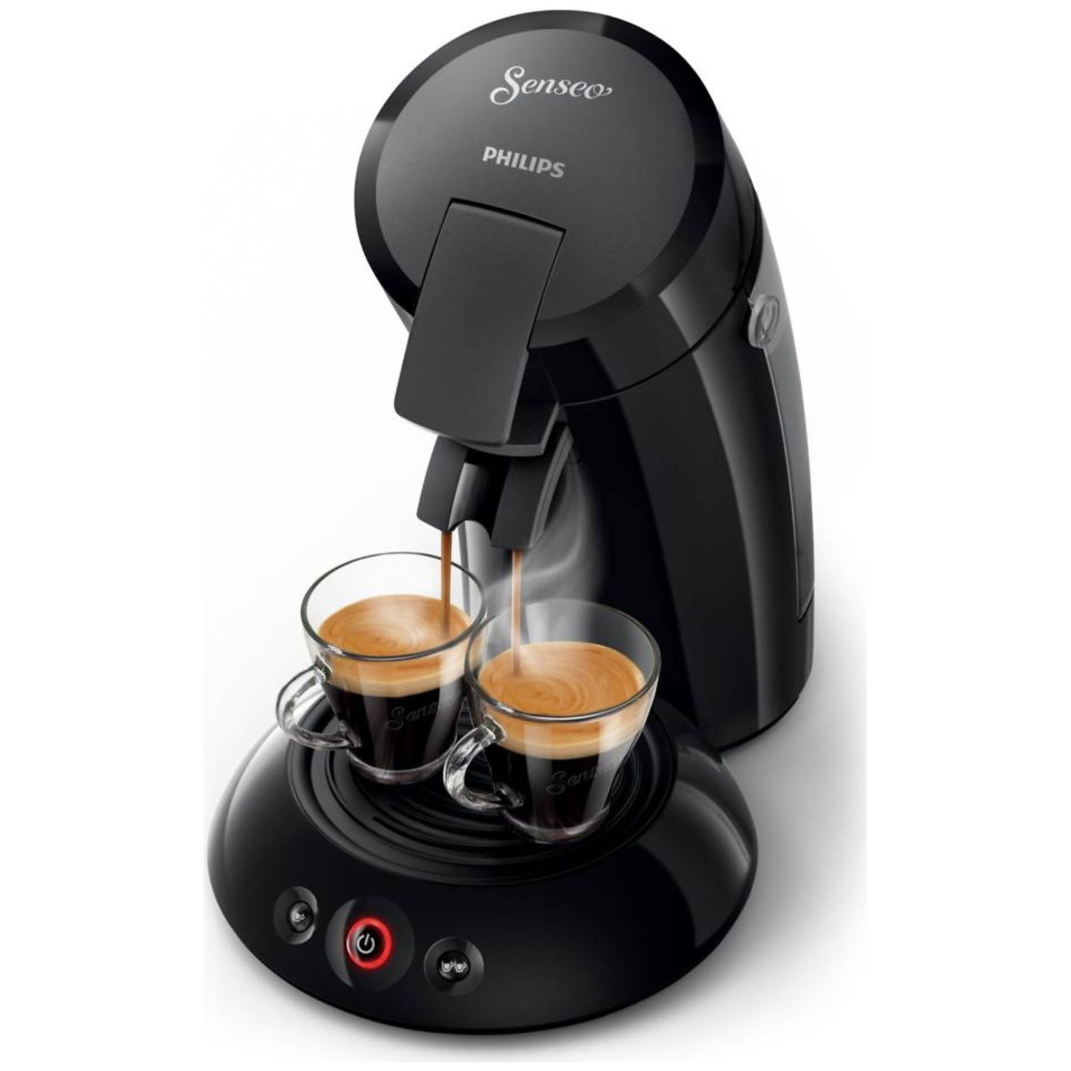 Zwarte Philips Senseo koffiezetapparaat zet twee koppen espresso in glazen mokken.