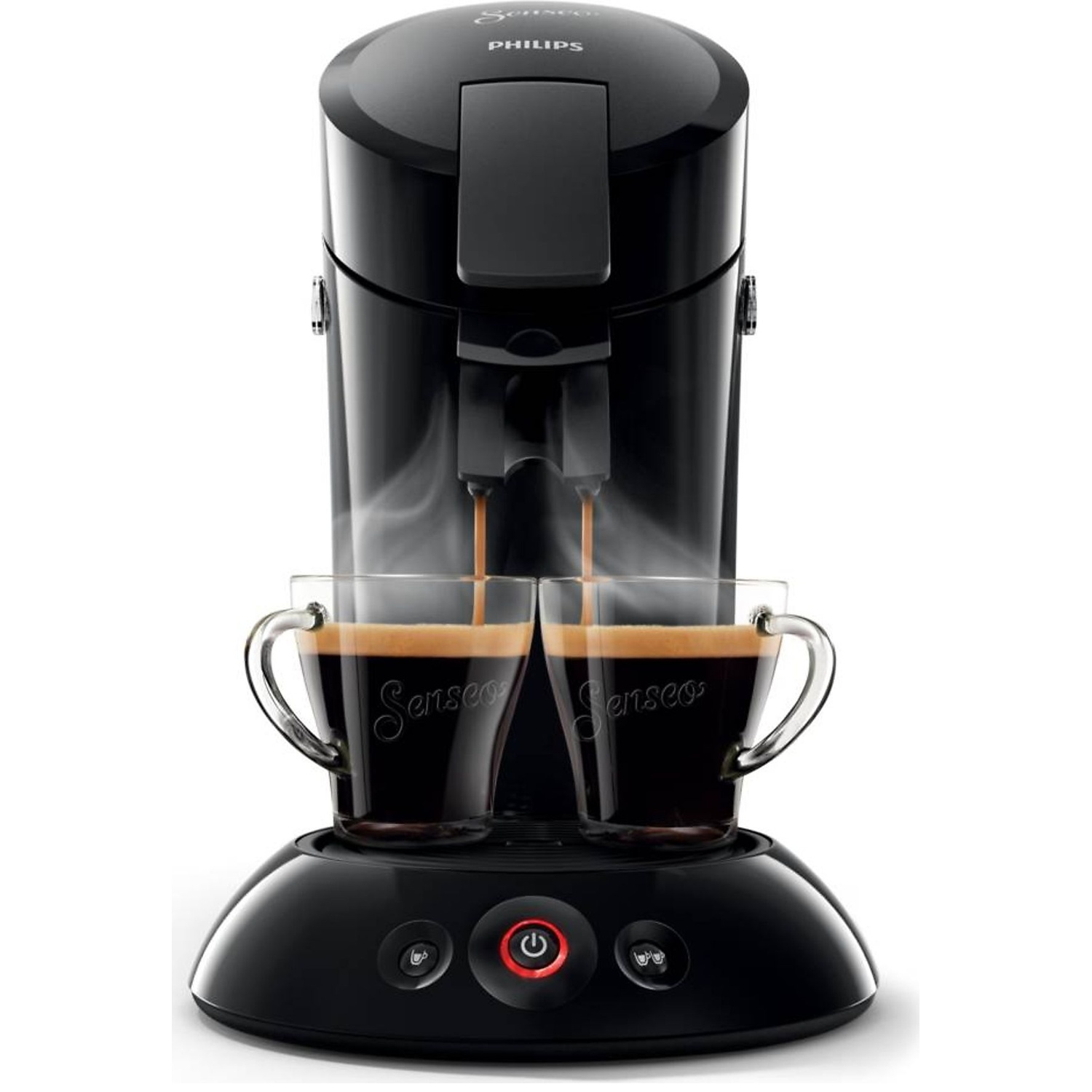 Zwarte Senseo koffiezetapparaat zet twee koppen koffie met stoom.