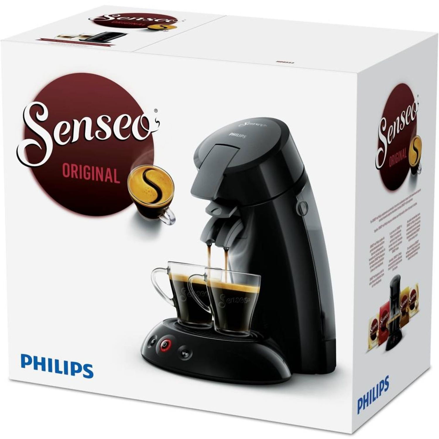 Senseo koffiezetapparaat met twee glazen die gevuld worden met koffie.