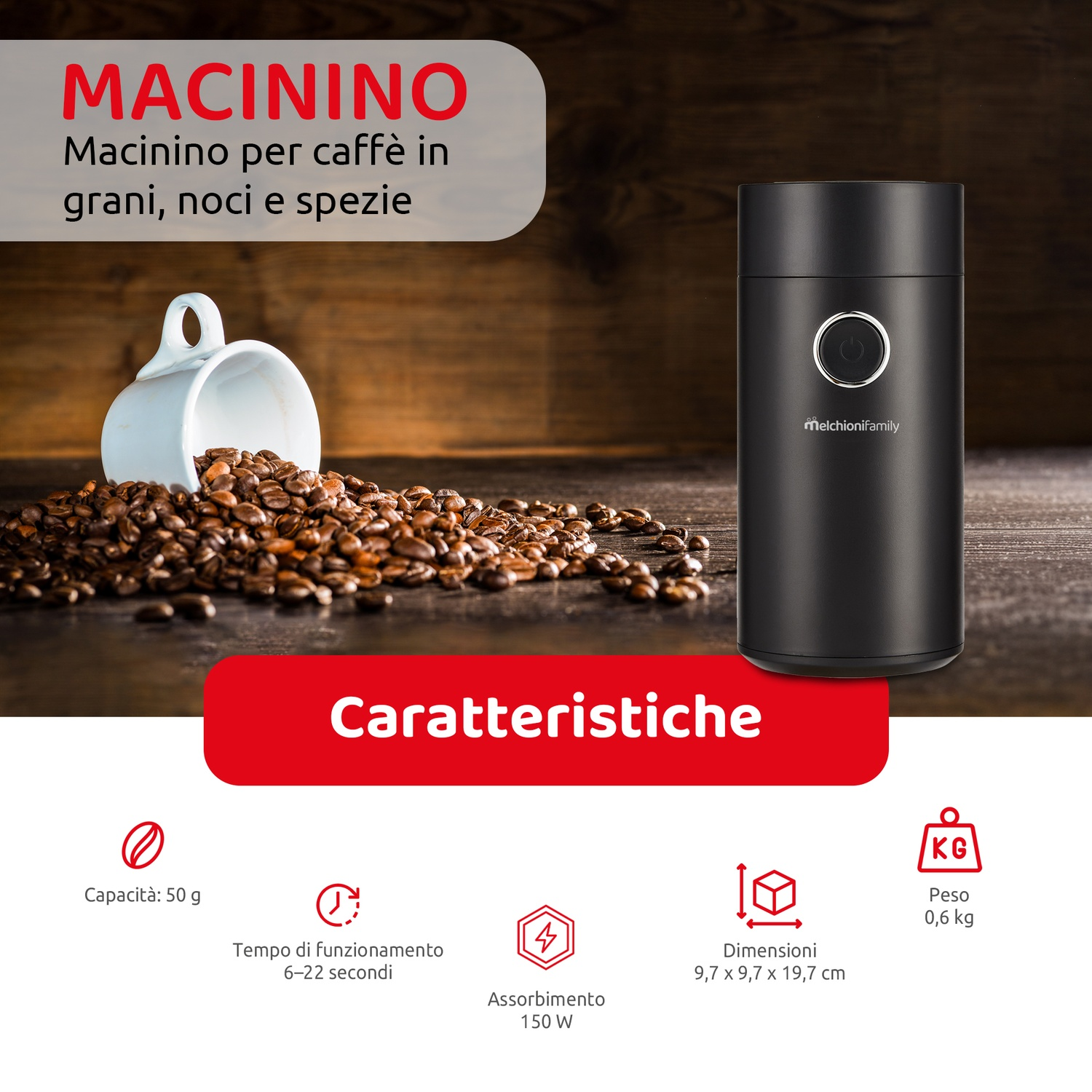 Macinino da caffè nero con tazza e chicchi di caffè. Specifiche sotto.