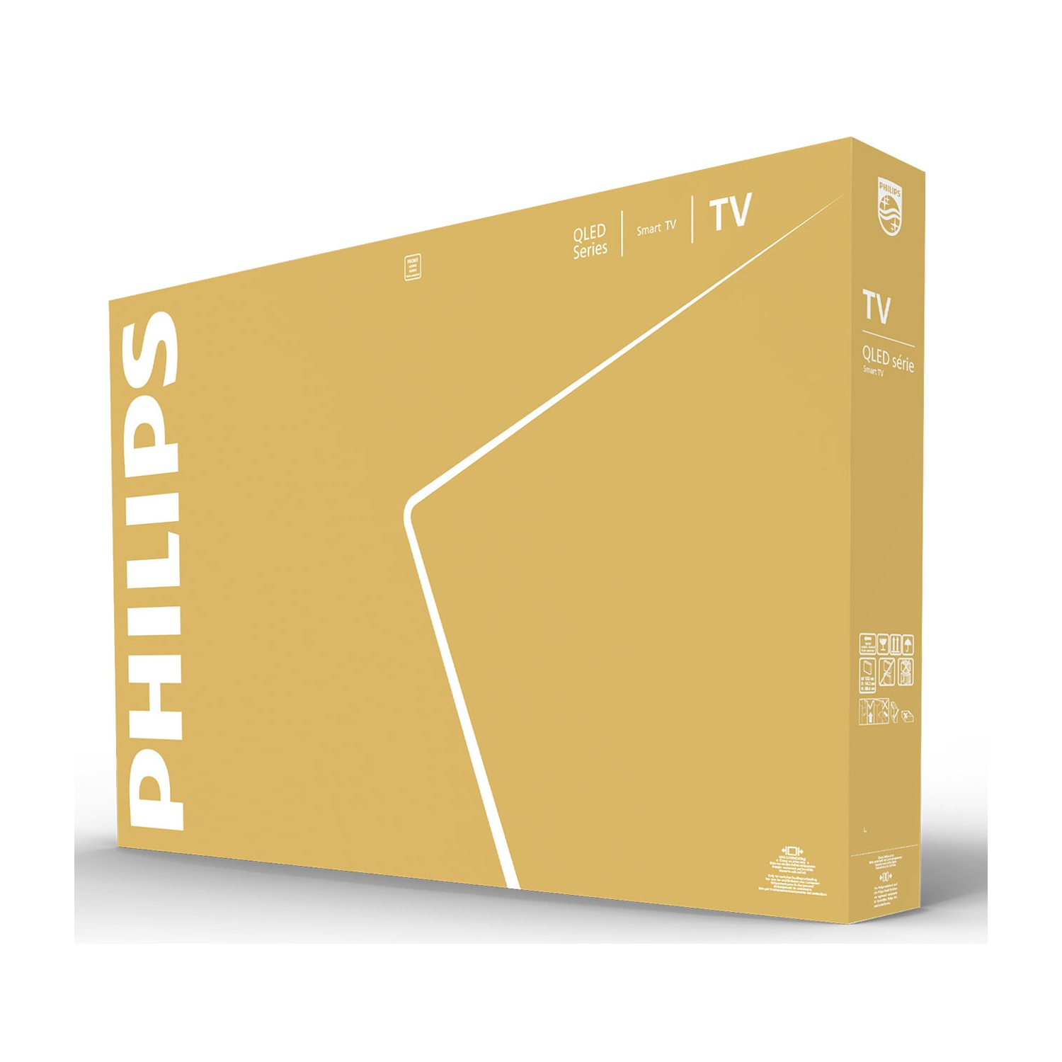 Scatola TV Philips dorata con stampa "QLED Series Smart TV".