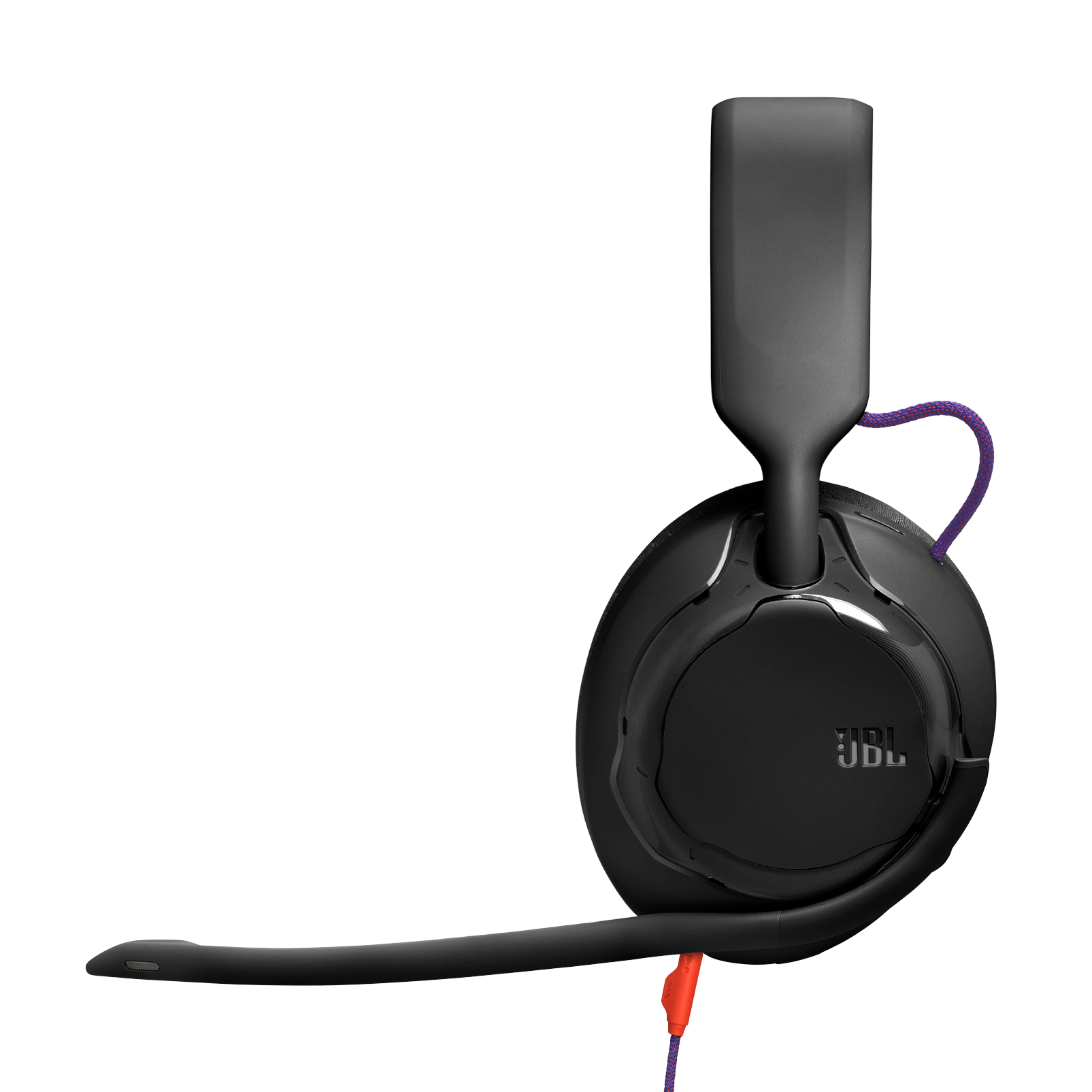 Schwarzer JBL-Kopfhörer mit Mikrofon, lila Schnur und orangefarbenem Stecker.