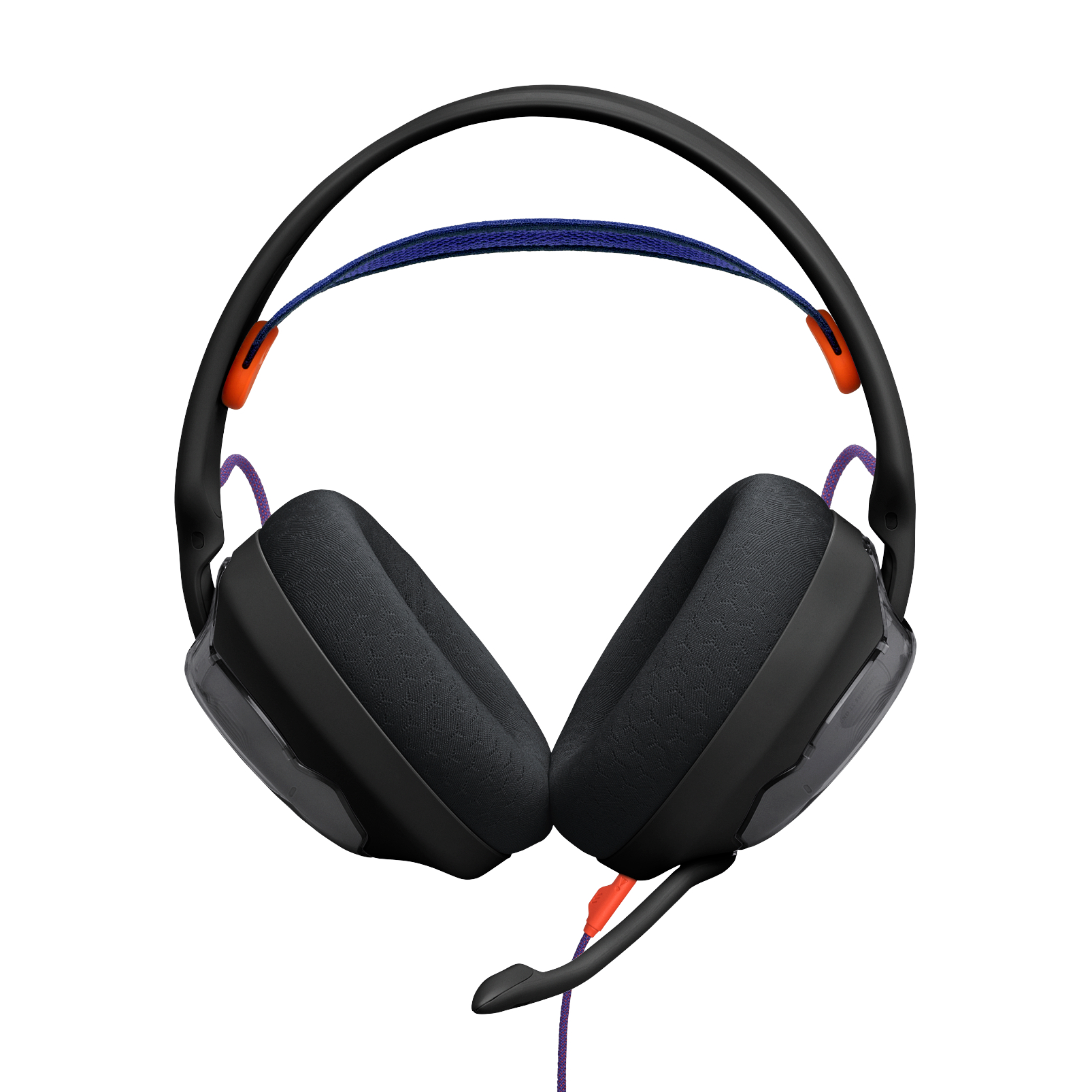 Schwarzer Gaming-Kopfhörer mit blauem Band, orangefarbenen Akzenten und Mikrofon.