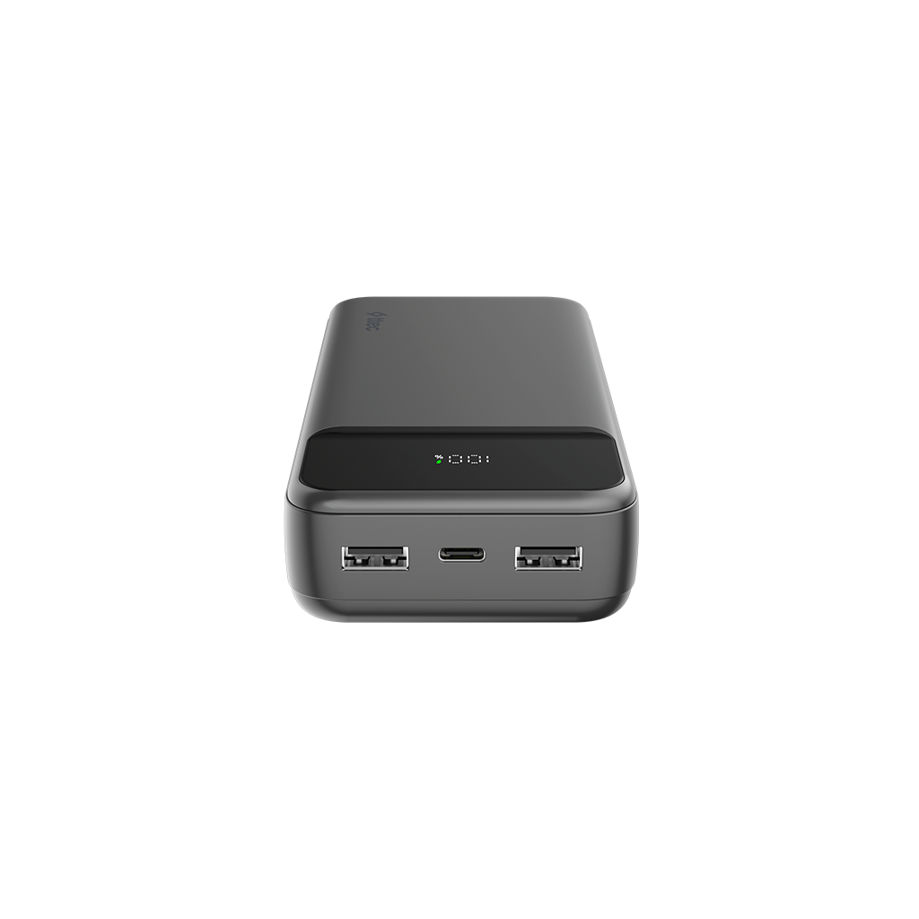 İki USB-A, bir USB-C bağlantı noktası ve dijital ekrana sahip gri powerbank.