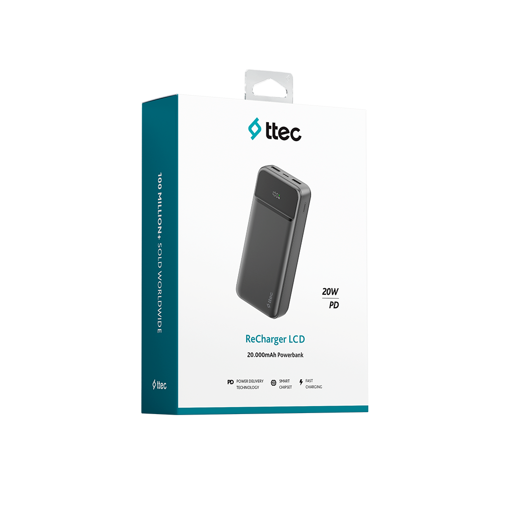 LCD ekranlı ve 20W PD özellikli gri ttec powerbank ambalajı.
