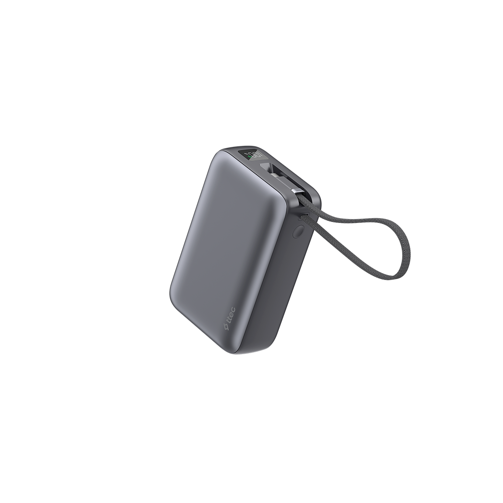 Gri powerbank, %100 şarj göstergeli, ip halkalı.