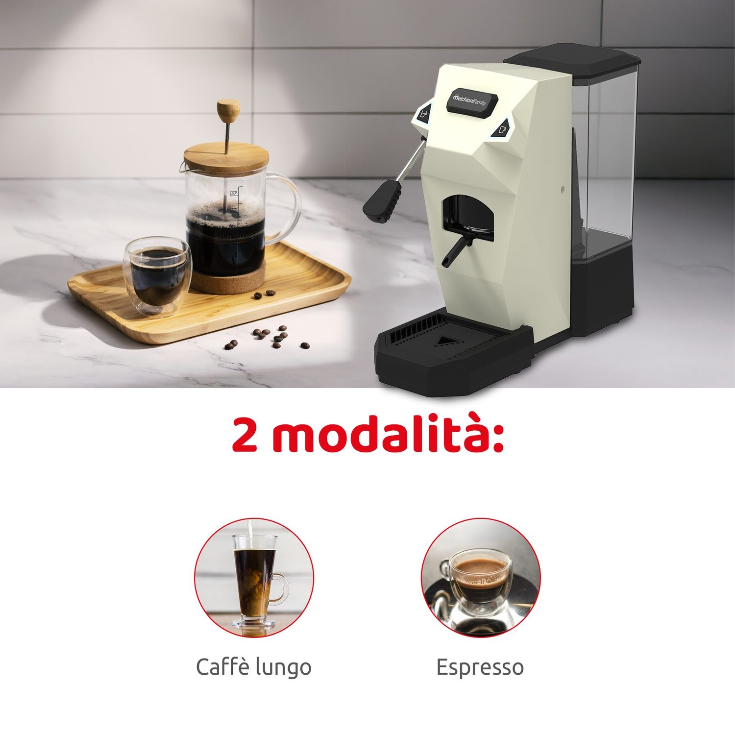 Macchina da caffè con french press e due creazioni di caffè: Caffè Lungo ed Espresso.
