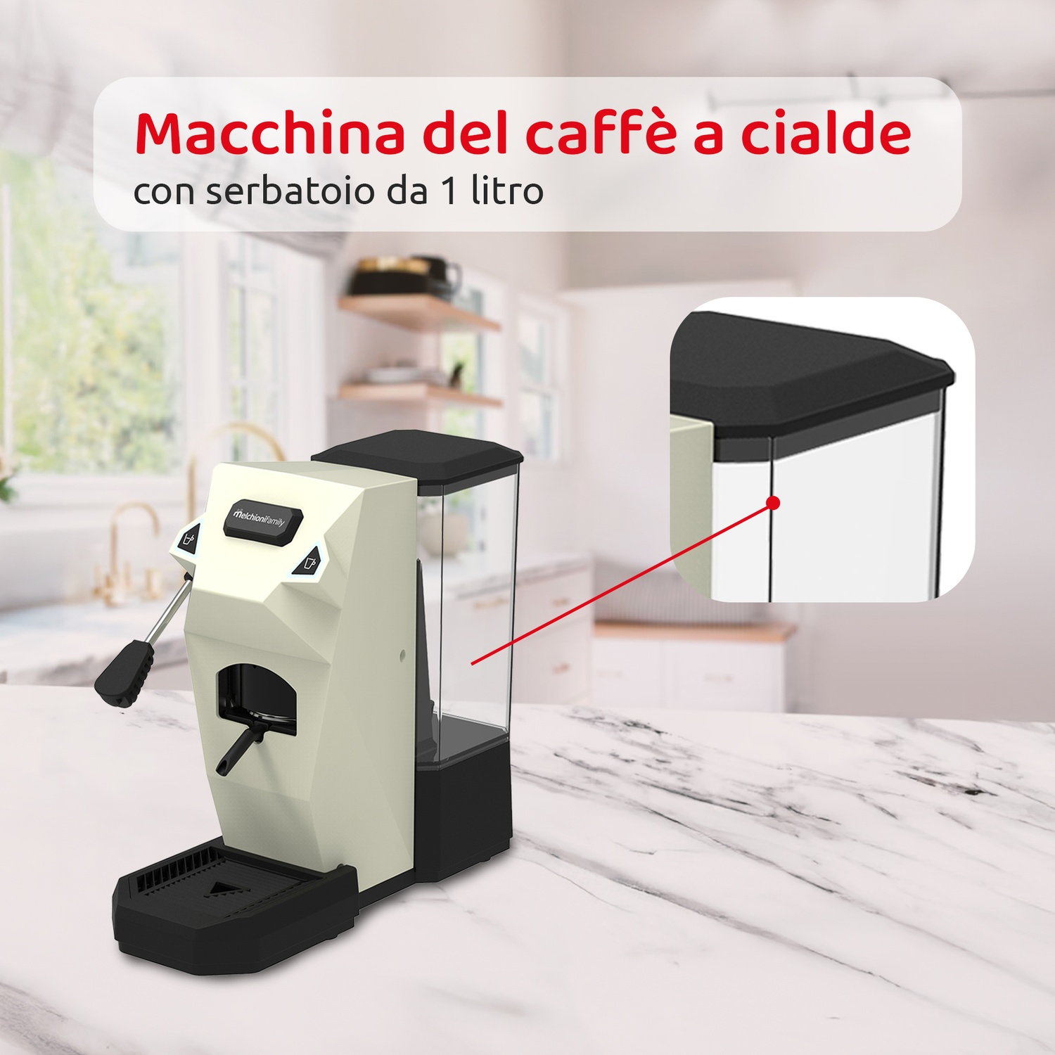 Una macchina da caffè color crema con serbatoio nero su marmo.