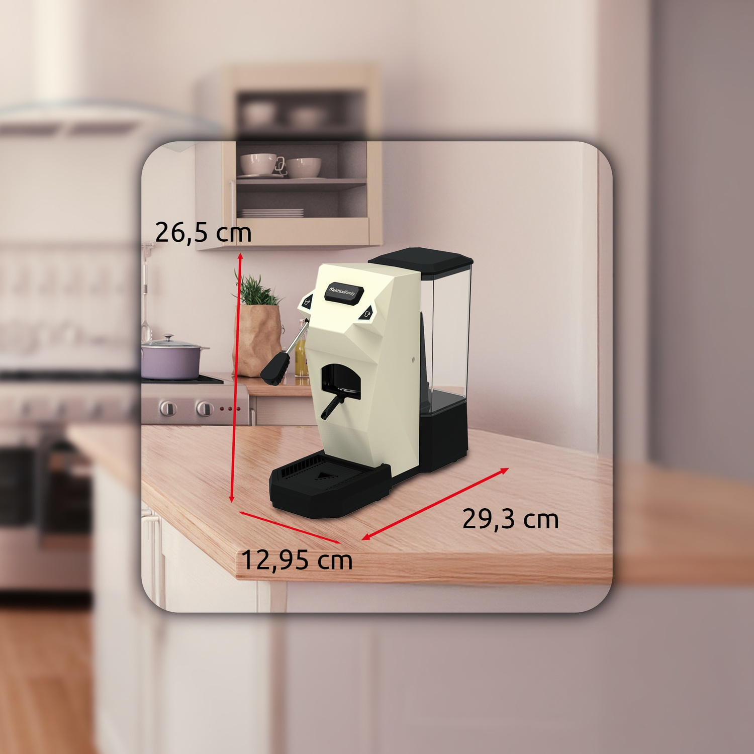 Una macchina da caffè color crema con base nera su un piano di lavoro in legno.