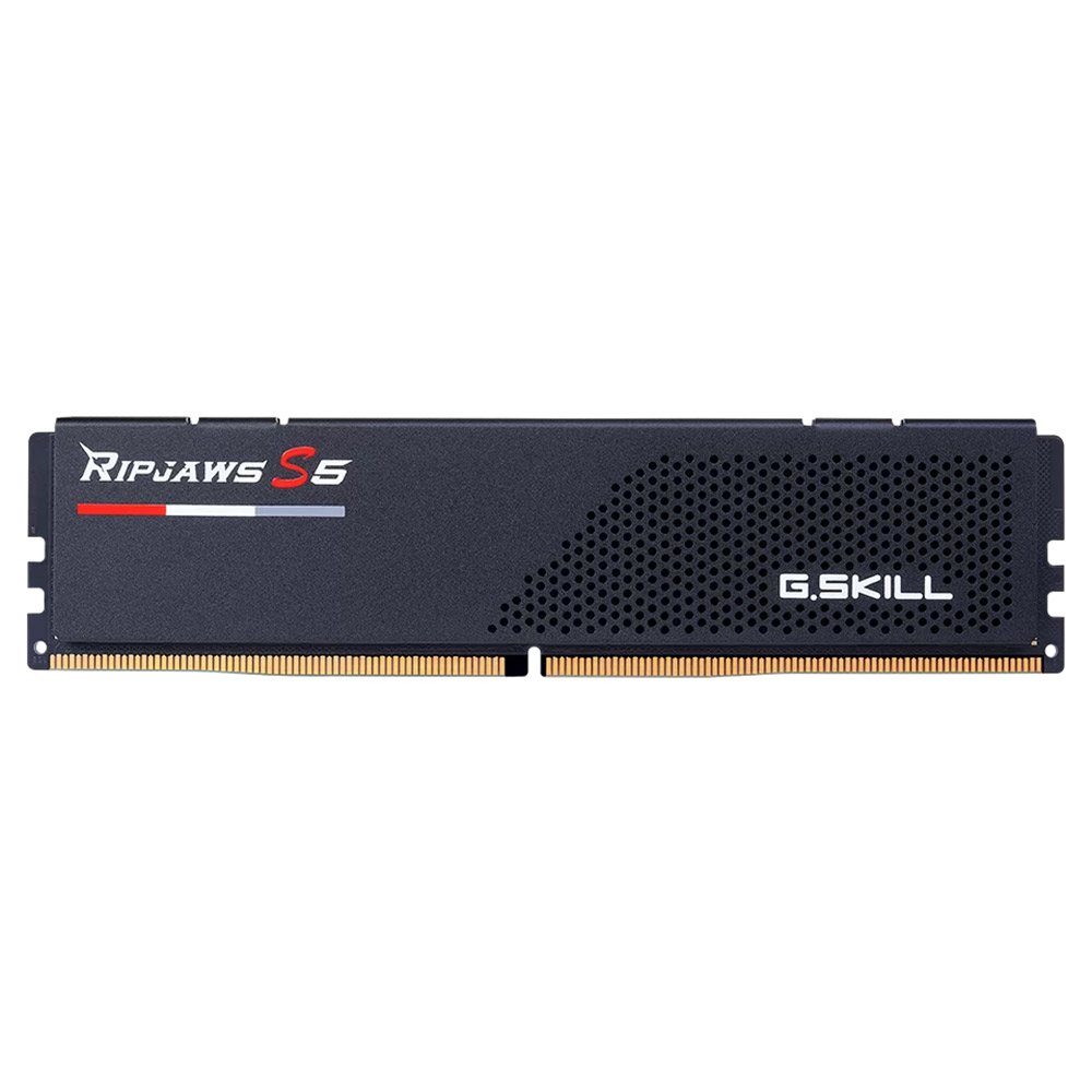 Siyah RAM modülü, "Ripjaws S5" ve "G.SKILL" logoları, altın kontaklar.