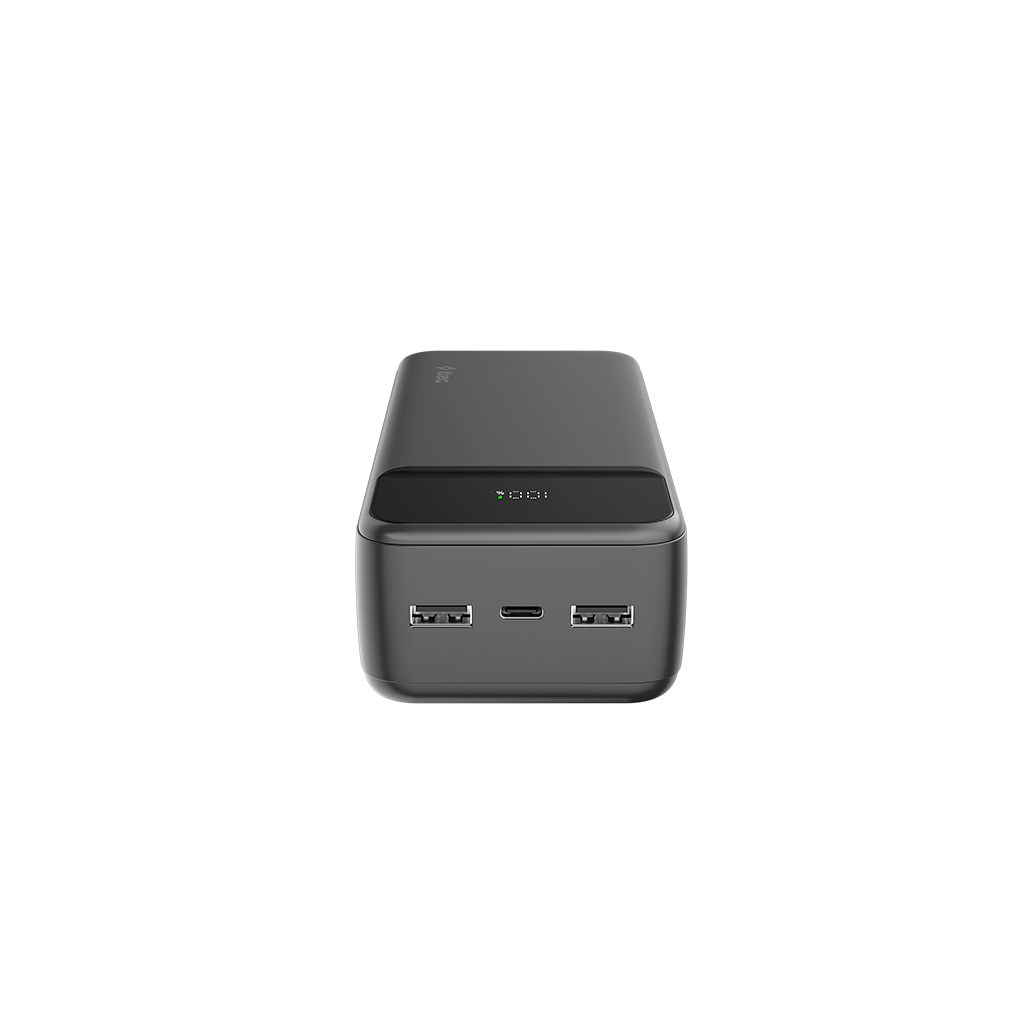 İki USB ve bir USB-C bağlantı noktasına sahip gri powerbank.