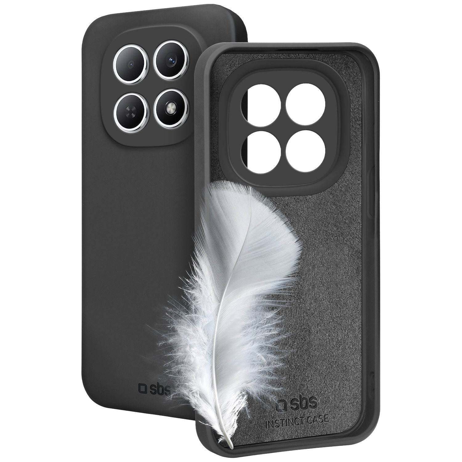Twee zwarte telefoonhoesjes met verenontwerp en camera-uitsparingen.