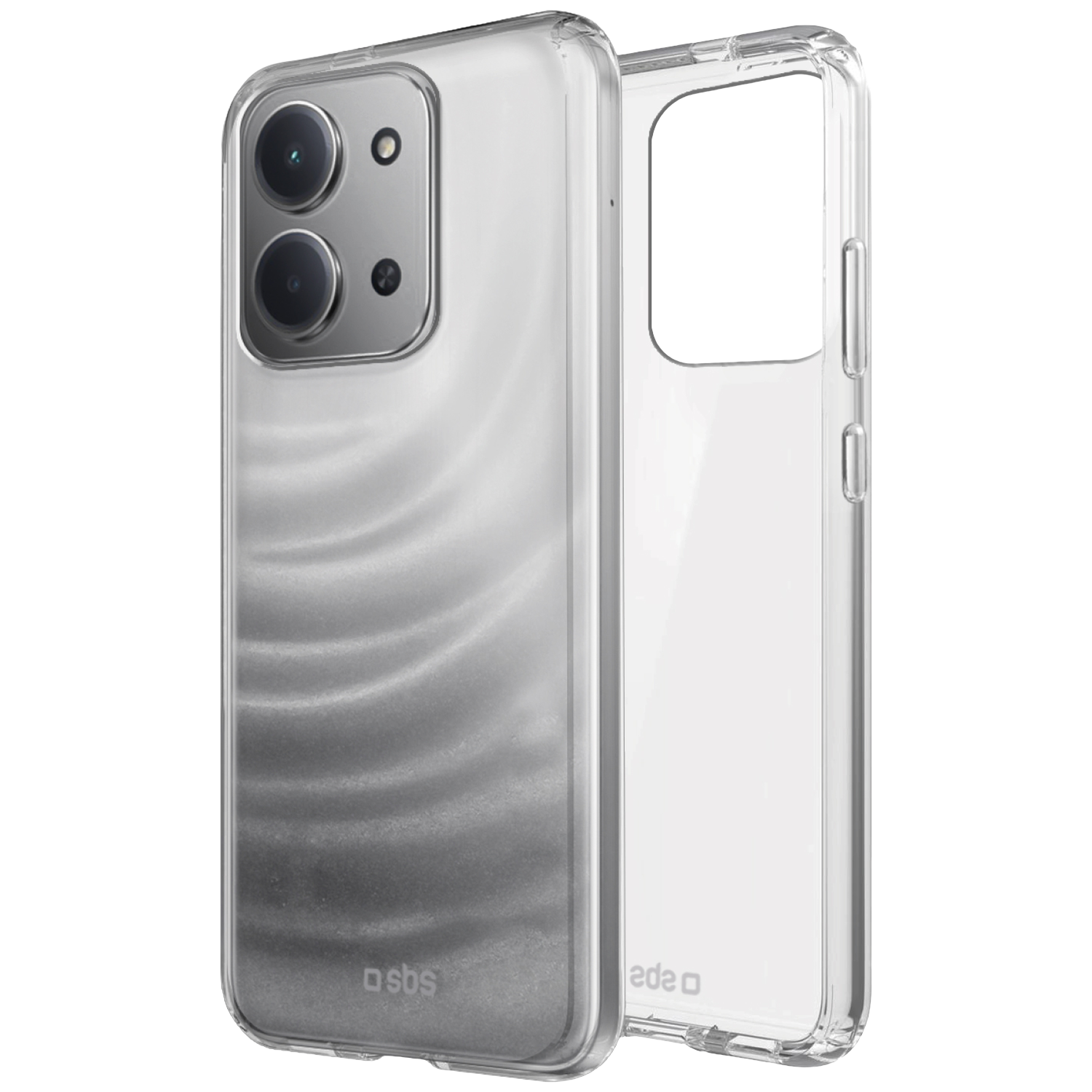 Deux coques de téléphone transparentes côte à côte. L'une montre les objectifs.