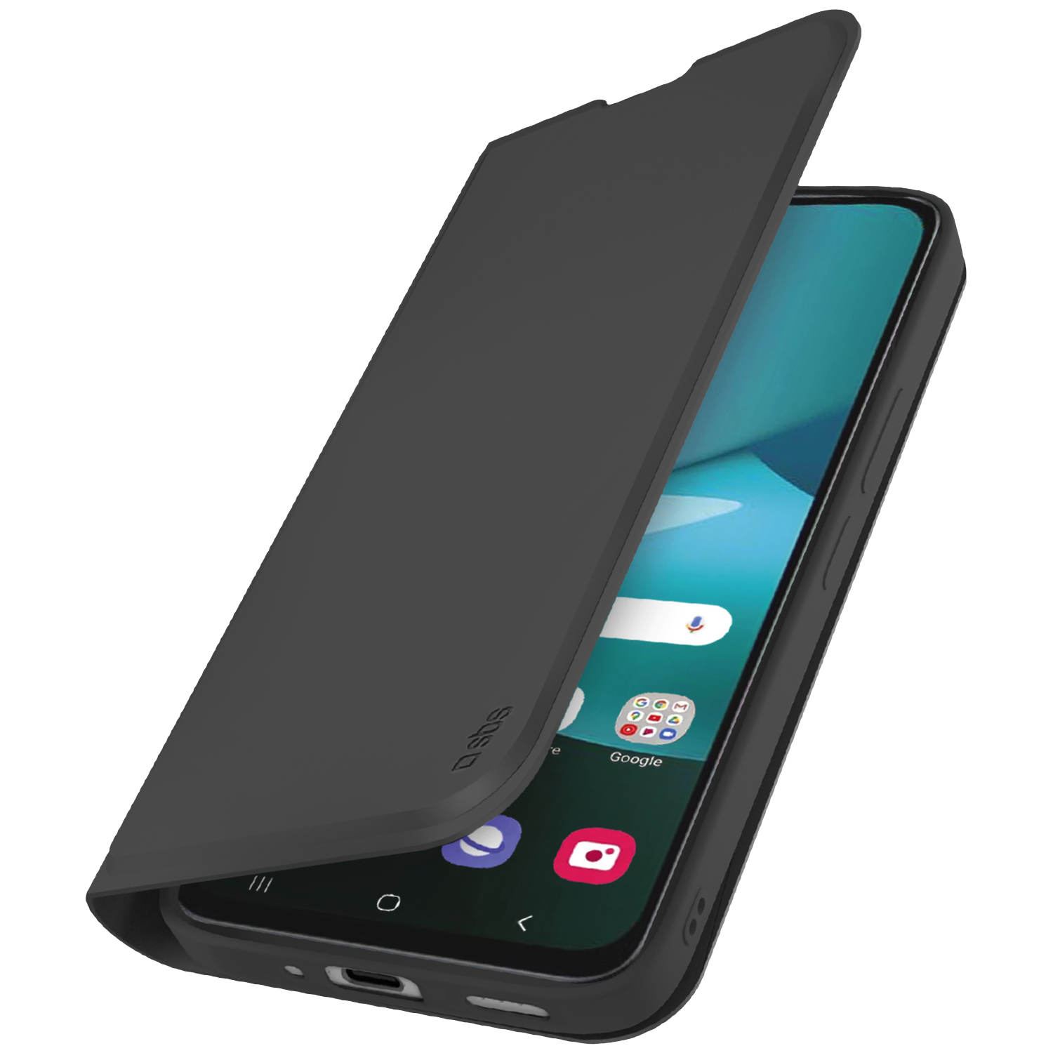Een zwarte smartphone met open hoes toont apps op het scherm.