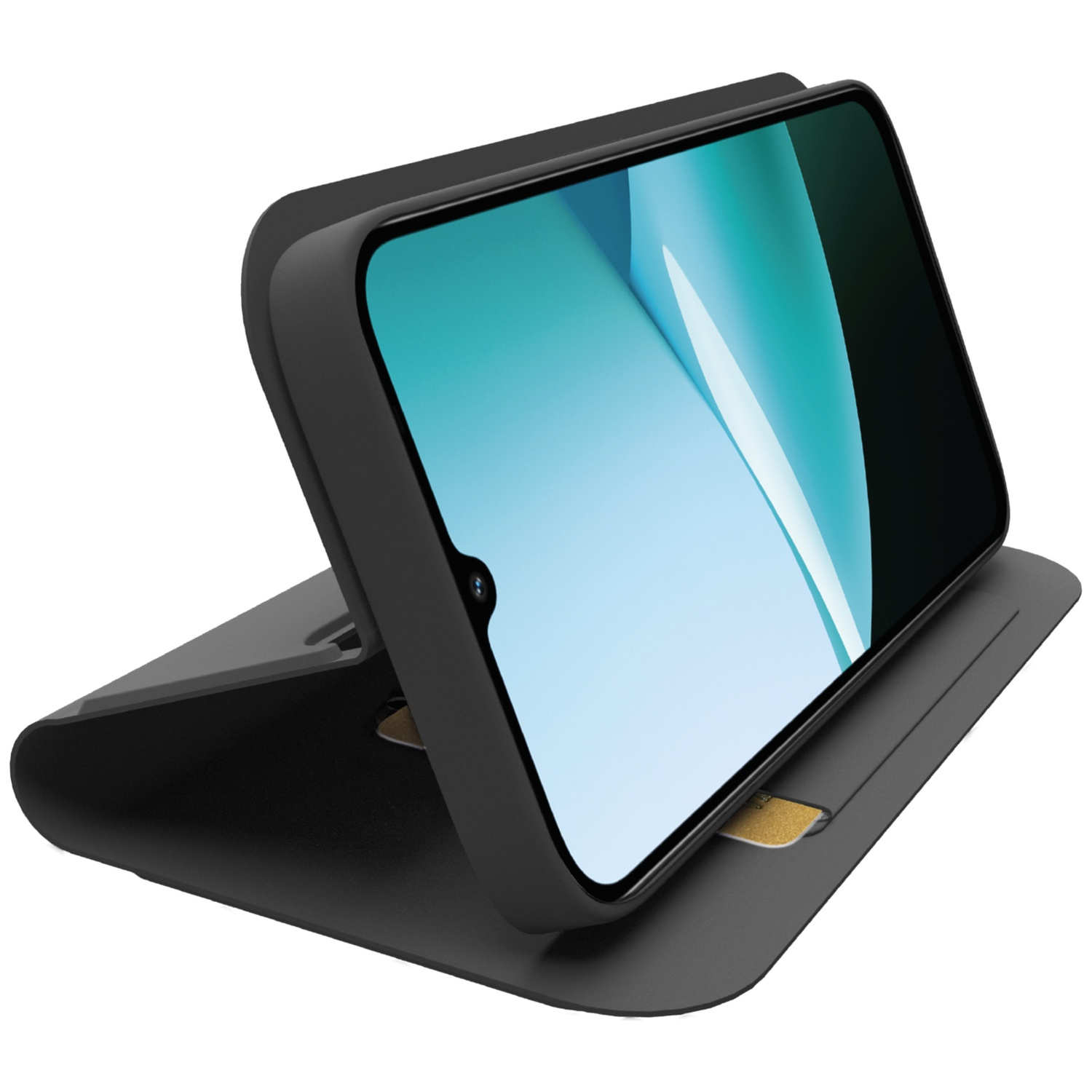Zwarte smartphone in een rechtopstaande hoes, met een helder blauw scherm.