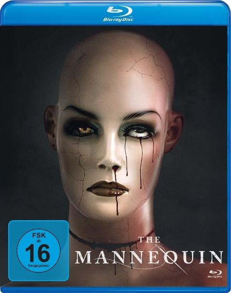 Ein Mannequin-Gesicht mit Rissen und Blutspuren, FSK 16 Logo.