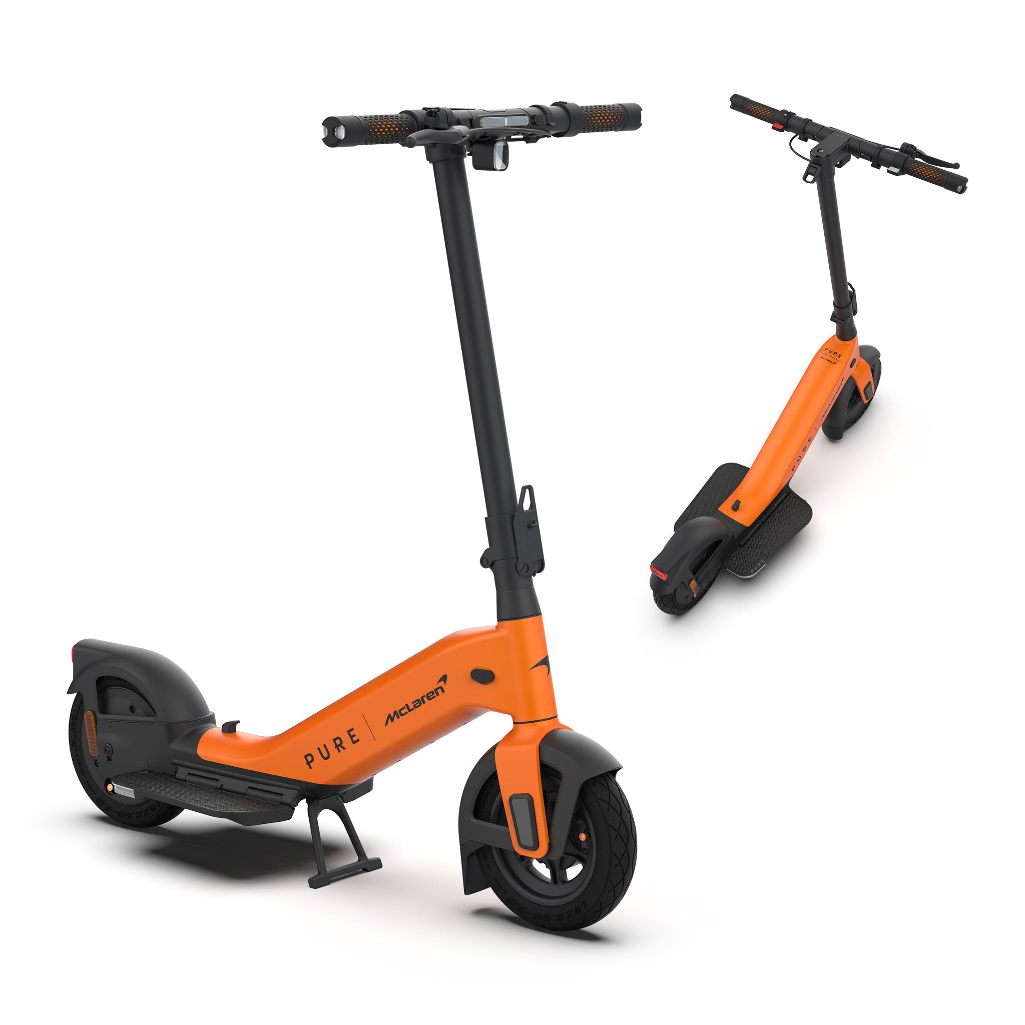 Orange E-Scooter mit McLaren-Branding, auf weißem Hintergrund.