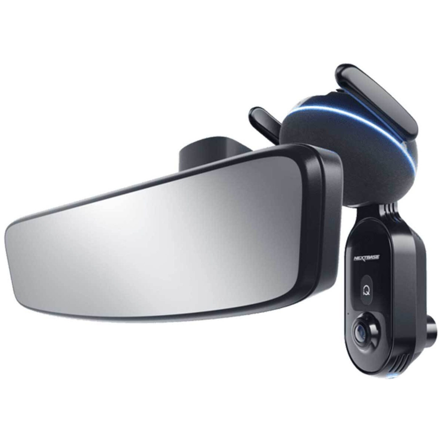 Un rétroviseur de voiture attaché à une caméra. Noir avec des lumières bleues.