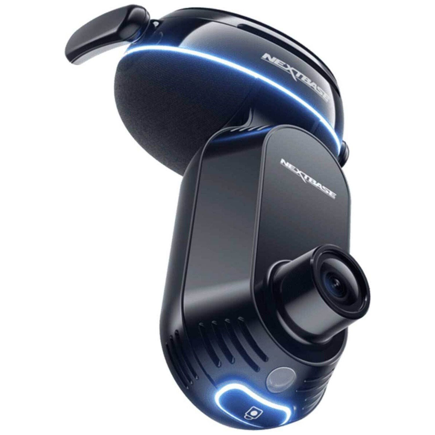 Une dashcam Nextbase noire avec des accents lumineux bleus sur fond blanc.