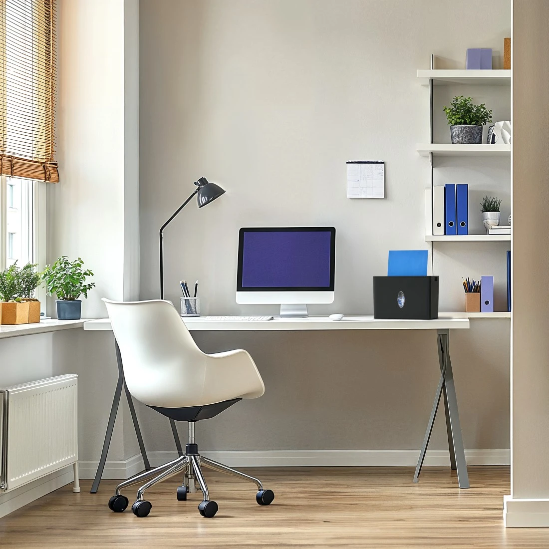 Ein aufgeräumter Schreibtisch mit Computer, Lampe und weißem Stuhl.