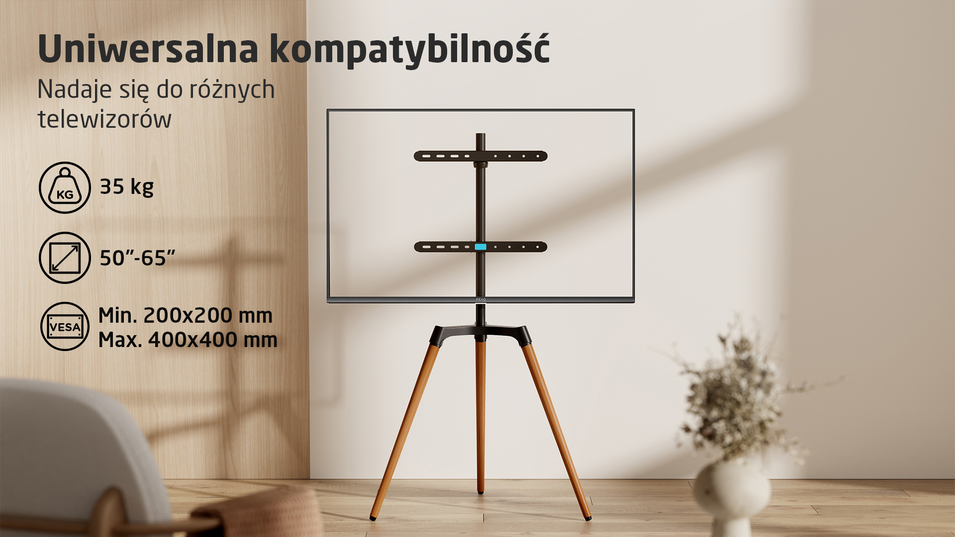 Stojak TV z trójnożną drewnianą podstawą, do telewizorów 50-65 cali, do 35kg.