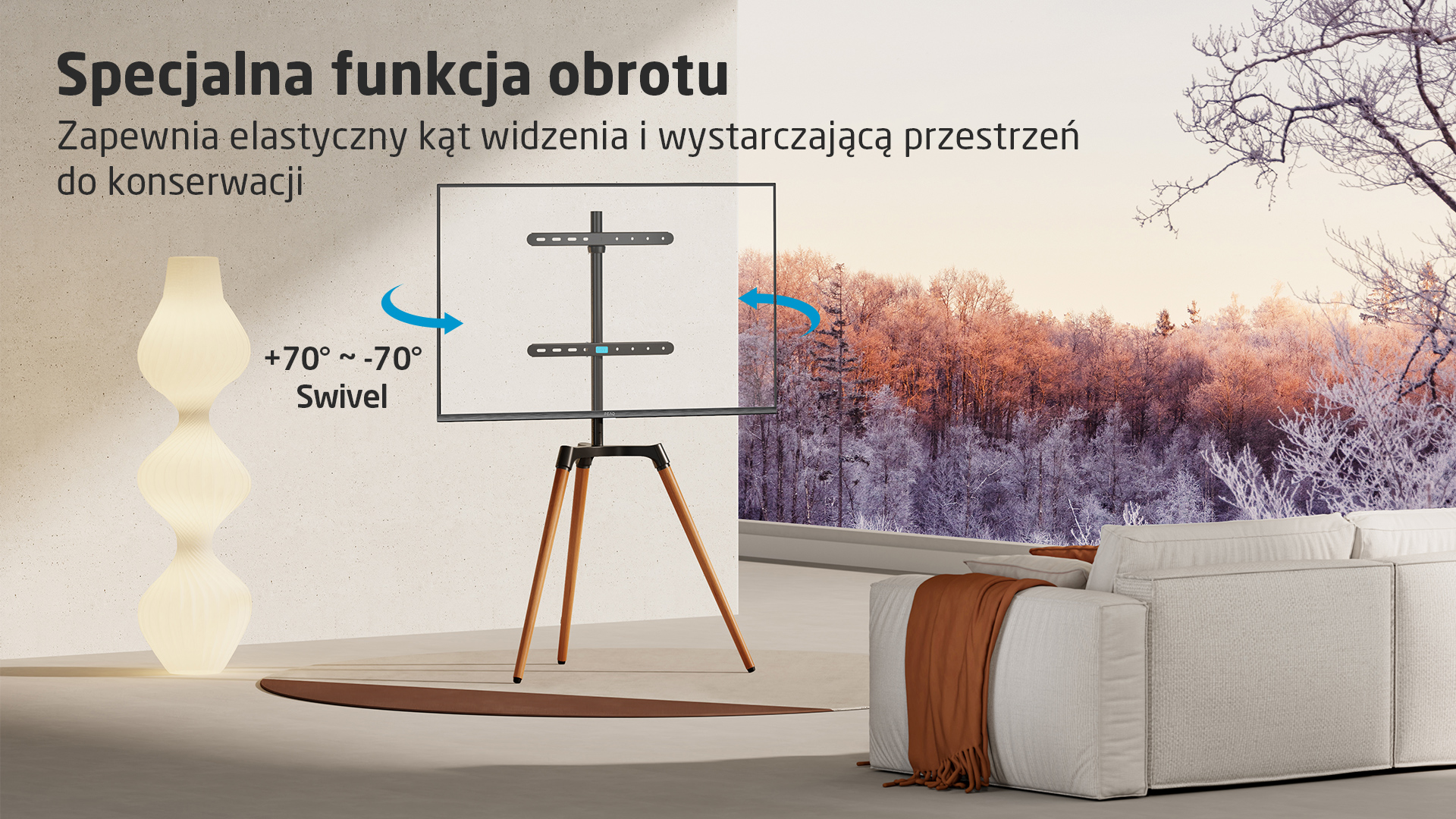 Nowoczesny pokój z obrotowym stojakiem na TV i sofą.