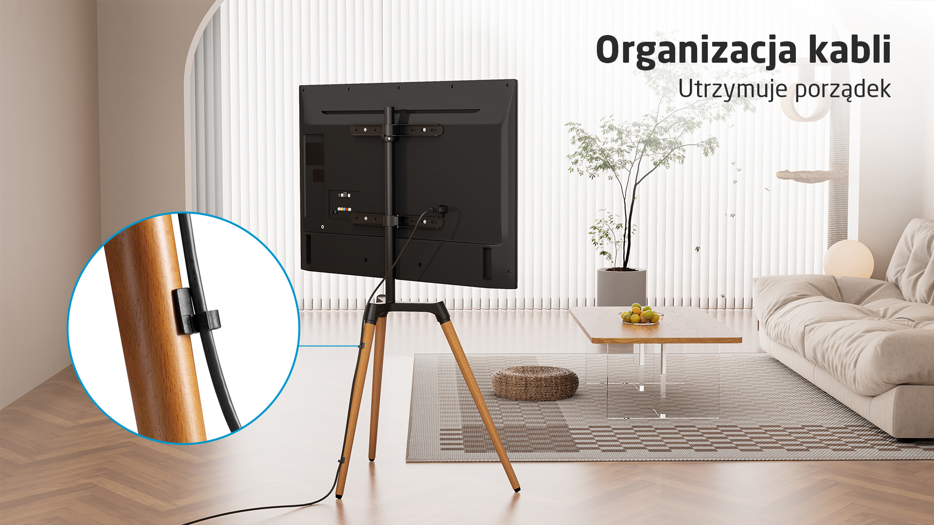 Nowoczesny stojak pod TV z drewnianymi elementami i organizacją kabli w salonie.