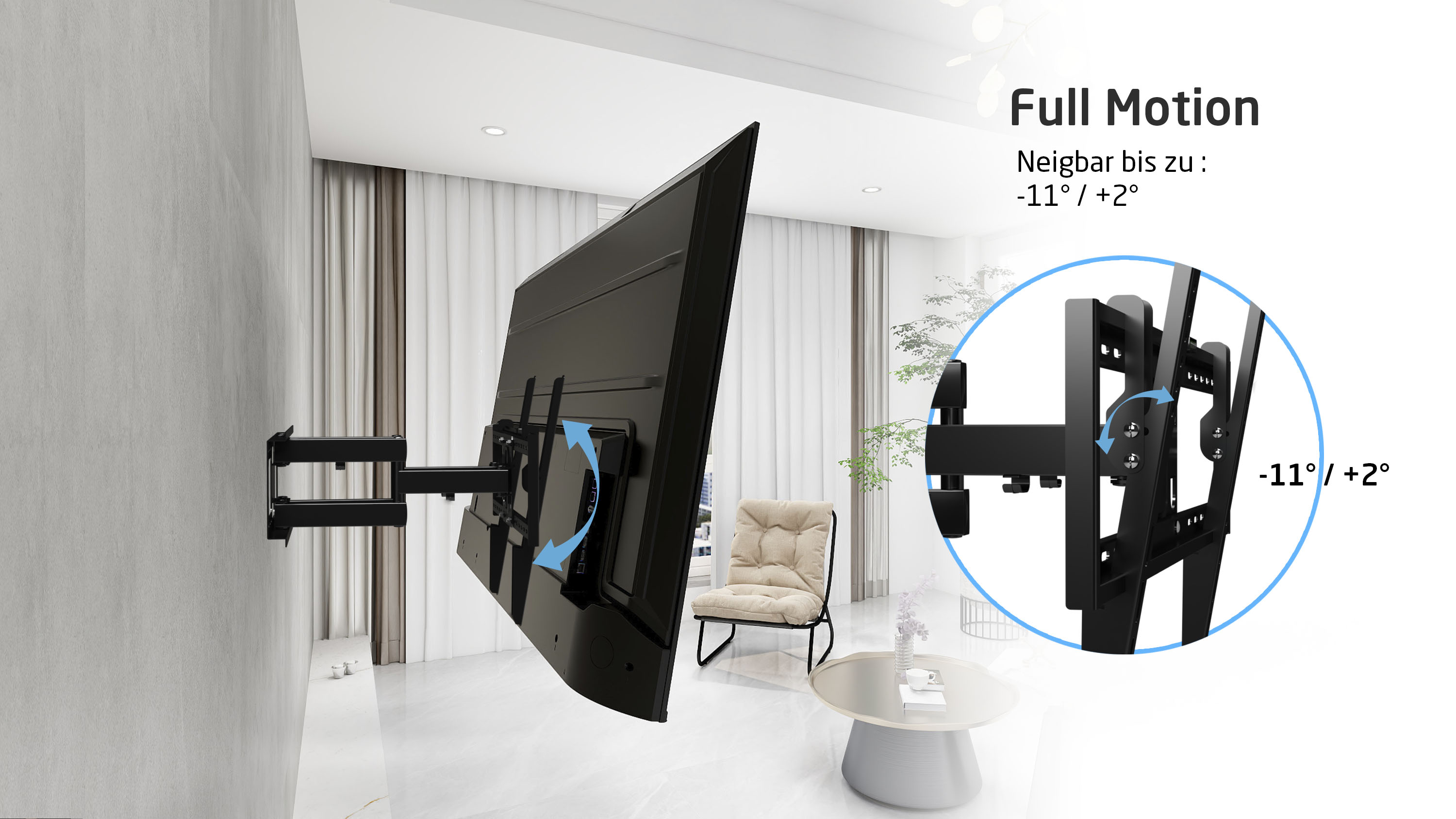 Czarny telewizor zamontowany na uchwycie ściennym. Pochylenie: -11°/+2°.