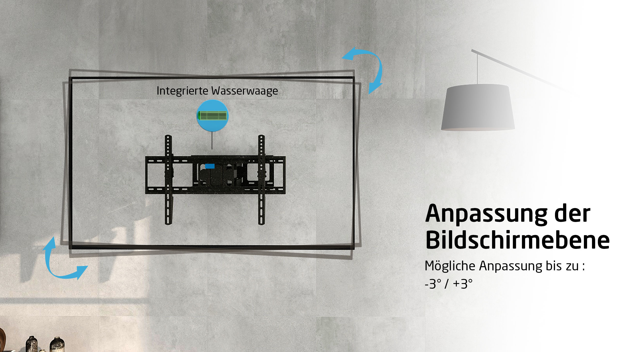 Uchwyt telewizyjny z wbudowaną poziomicą na ścianie.