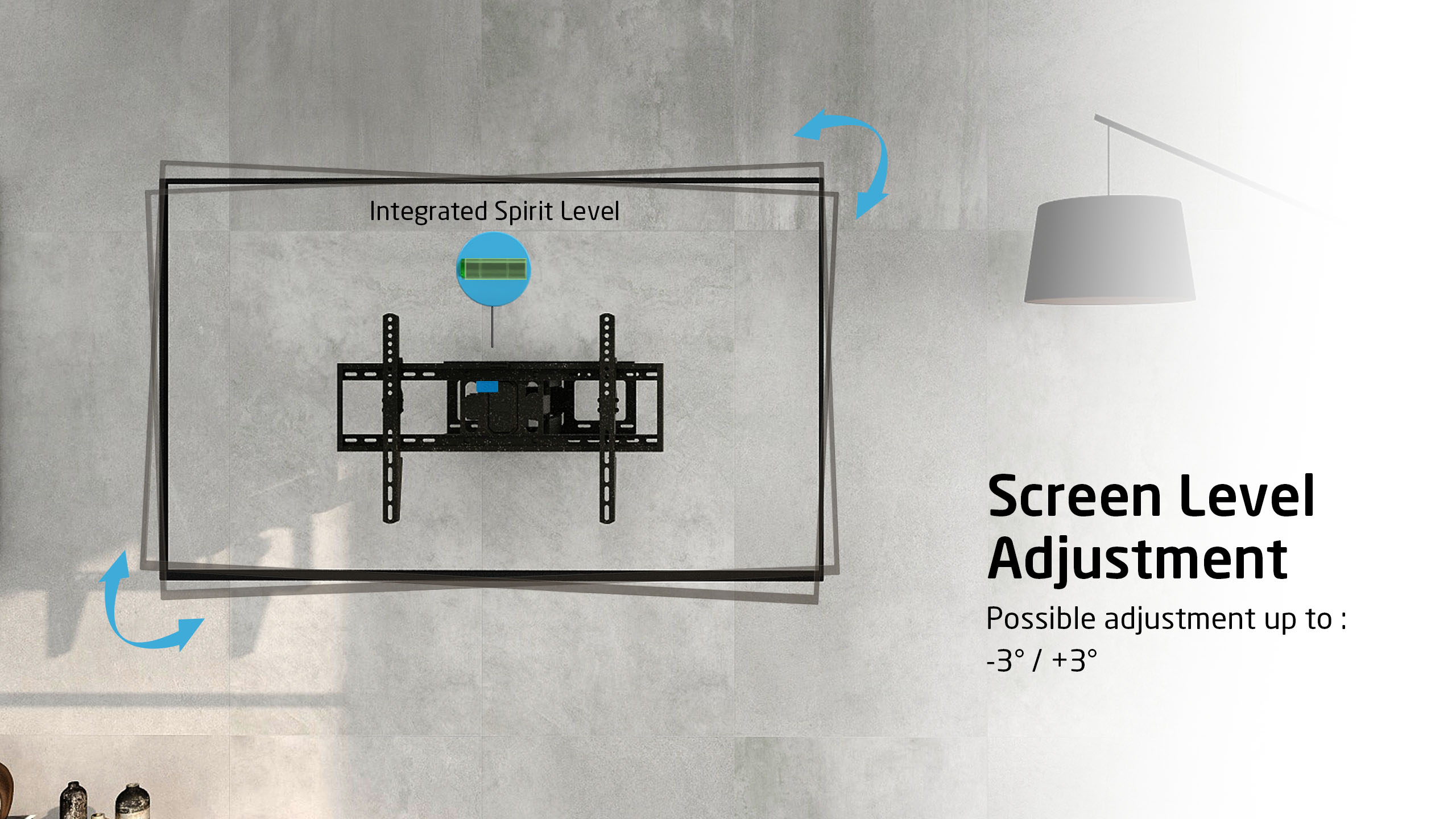 Uchwyt TV ścienny z poziomicą, regulacja -3°/+3°.