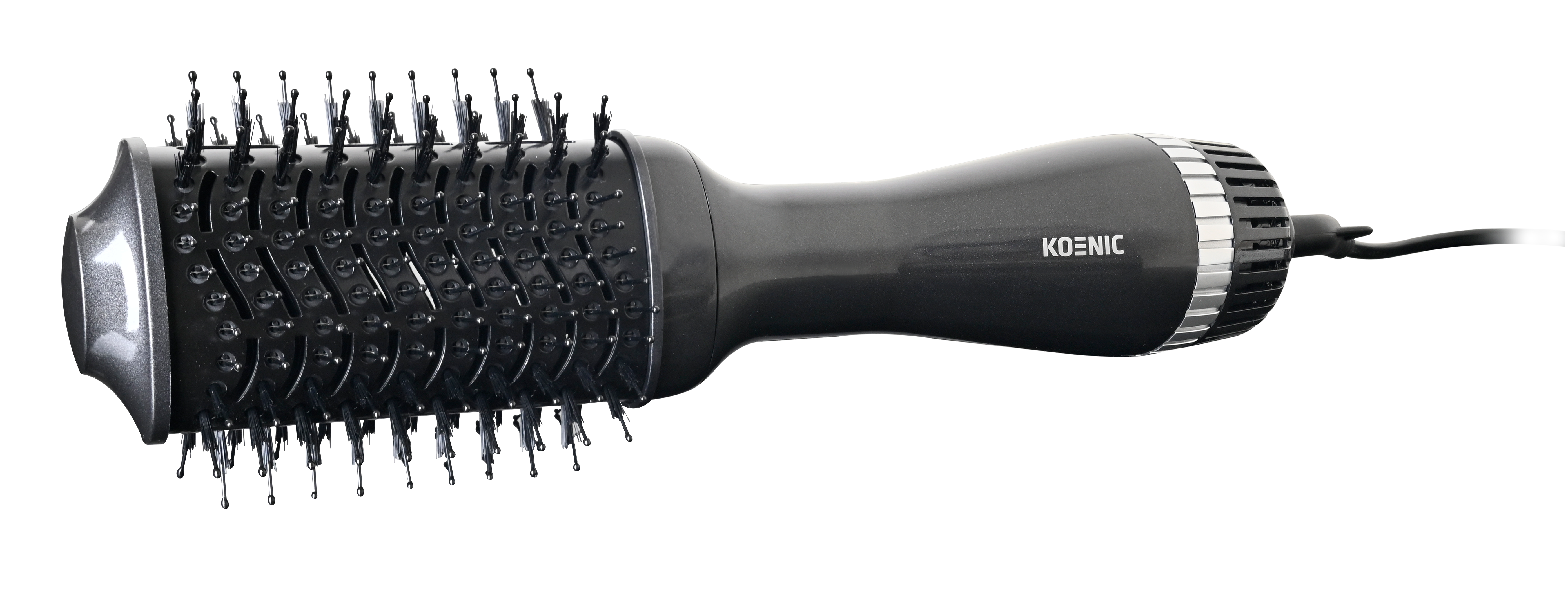 Czarna suszarka do włosów z okrągłą szczotką i srebrnymi akcentami.