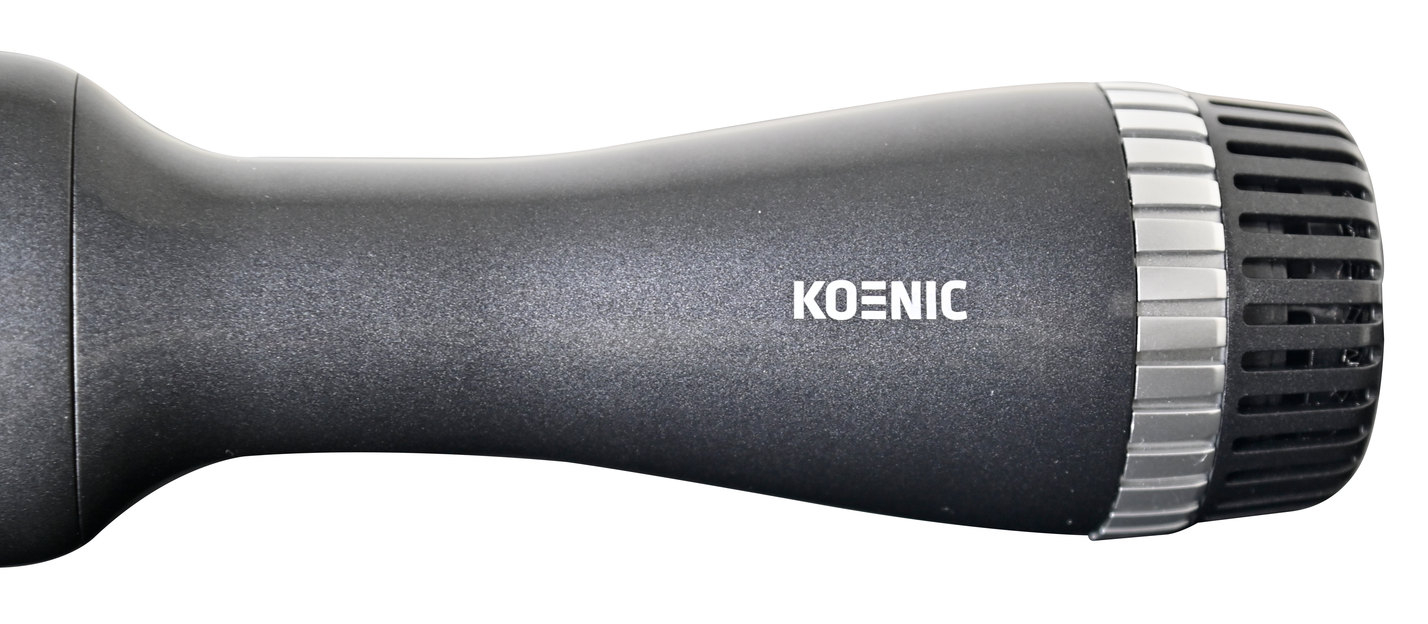 Czarna suszarka do włosów z srebrnymi akcentami i logo KOENIC.