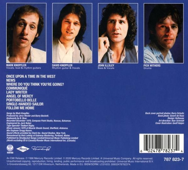 Vier Porträts von Dire Straits; darunter Songliste und Platteninformationen.