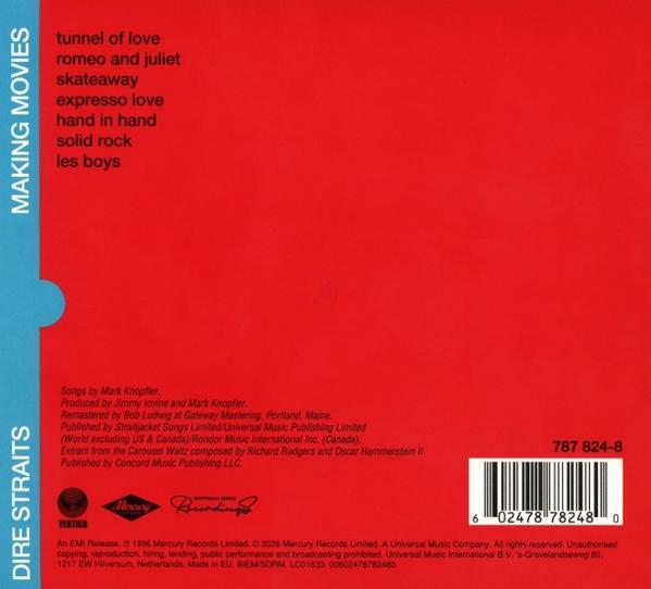 Roter Albumcover mit Songliste und Barcode. "Dire Straits" und "Making Movies".