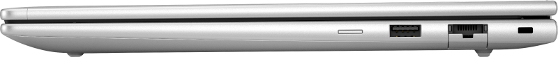 Detailaufnahme eines silbernen Laptops mit USB- und Ethernet-Anschlüssen an der Seite.