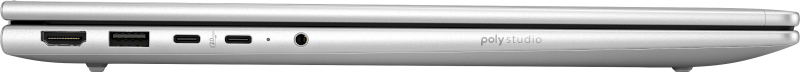 Silbernes Laptop mit Anschlüssen: HDMI, USB-A, 2x USB-C, Audiobuchse.