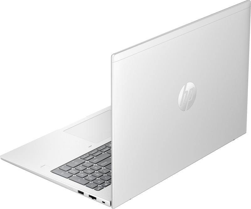 Ein weißer HP Laptop mit Tastatur und HP Logo auf dem Deckel.