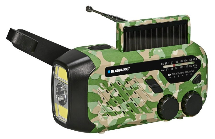 Radio Blaupunkt w kamuflażu z panelem słonecznym, korbką, latarką i anteną.