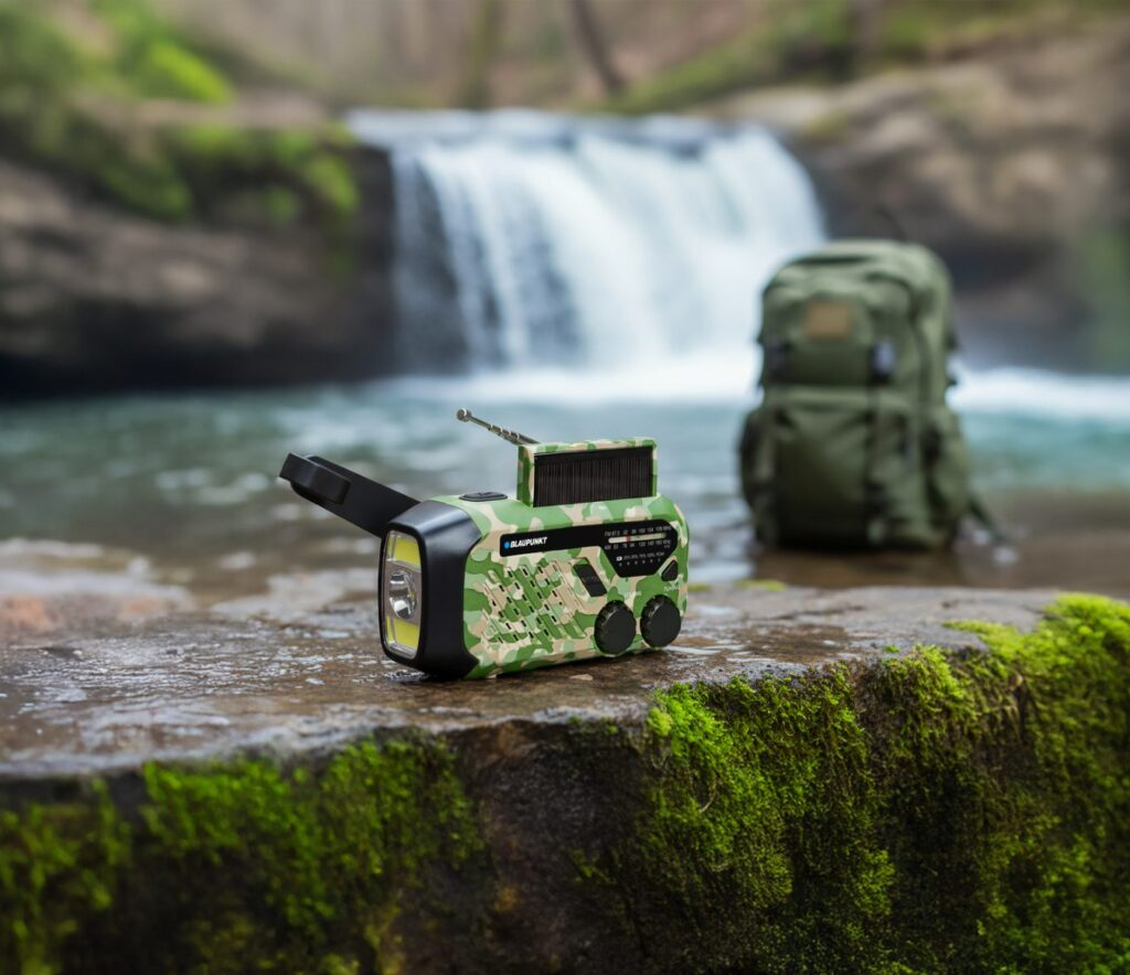 Radio w kamuflażu z panelem słonecznym i korbą obok plecaka.