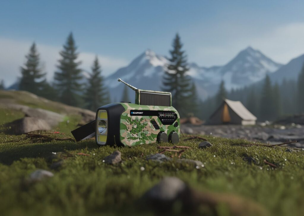 Radio w kamuflażu z panelem słonecznym i latarką stoi na trawie przed górami.