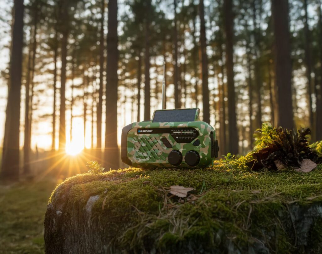 Radio na korbkę w kamuflażu z panelem słonecznym na omszałym kamieniu w lesie.