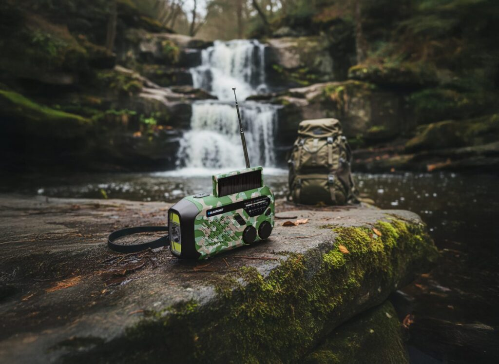 Radio w kamuflażu i plecak stoją na omszałej skale przed wodospadem.
